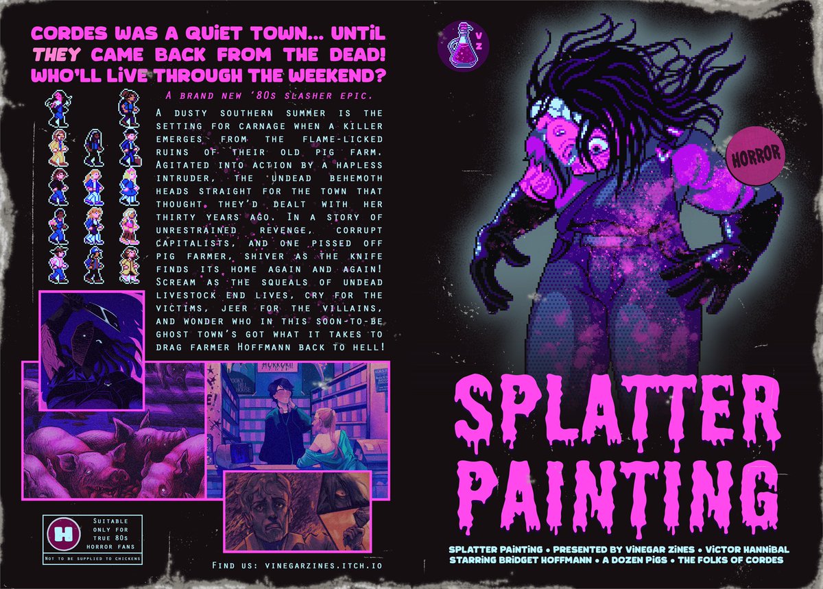 Cover reveal!

Splatter Painting is an '80s horror inspired original slasher story. Keep your eyes peeled for our physical preorders coming soon. #HorrorCommunity #horror

Front cover by <a href="/vinegarhannibal/">Victor Hannibal</a>, 'screencaps' by <a href="/AvelokaDraws/">Aveloka</a>, miasmaman (tblr), <a href="/saintcircus/">.</a>, <a href="/vampirarts/">vampi 💚 tired</a>.