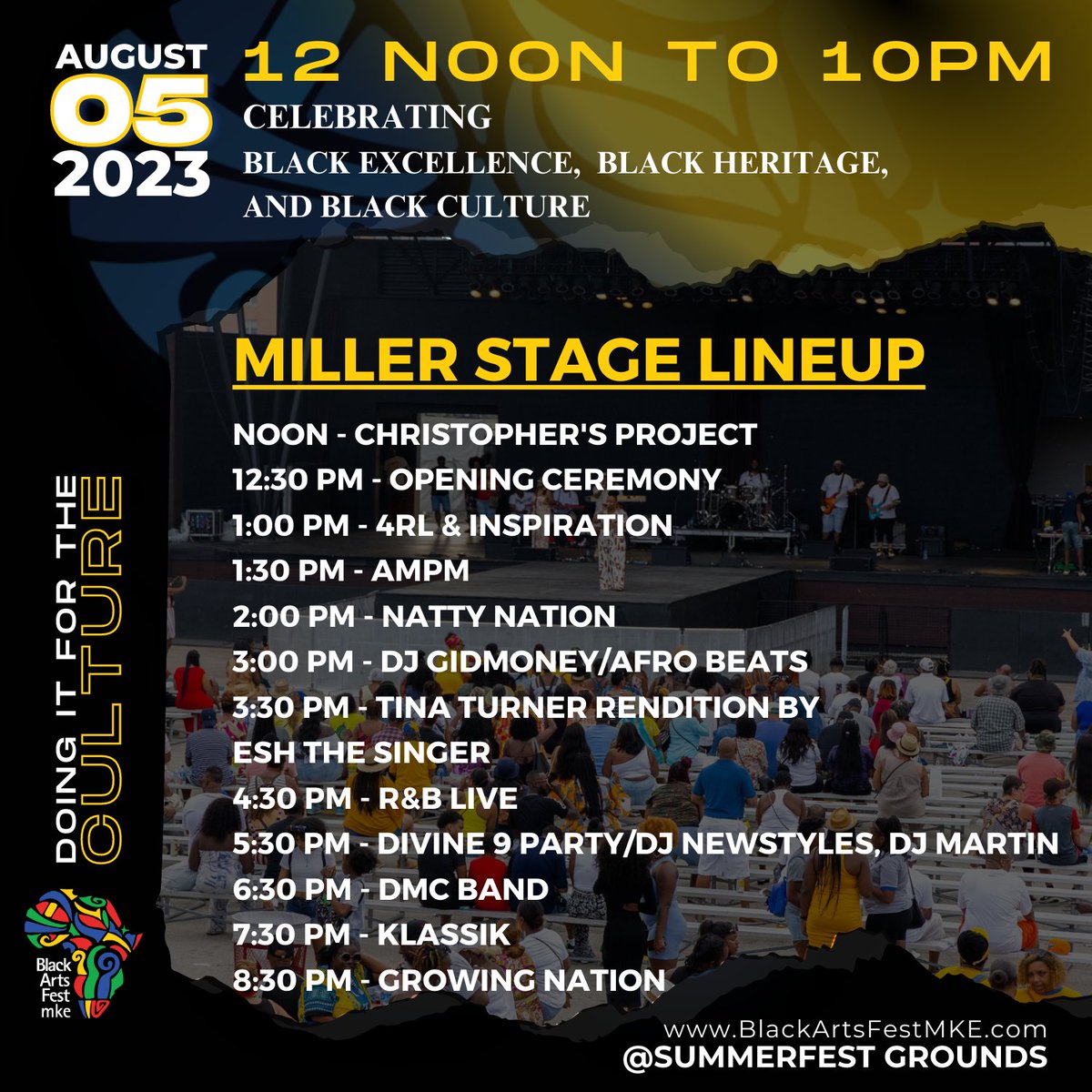 blackartsfest's tweet photo. Black Arts Fest MKE 2023 lineup is definitely “Doing it For the Culture.” We have the 2023 festival lineup! Purchase your tickets today &amp; don't forget to share!  #blackartsfestmke #bafmke #bafmke2023 #africanheritage #blackculturalarts #milwaukeearts #milwaukeeartsfestival https://t.co/yjfUDAxbz8