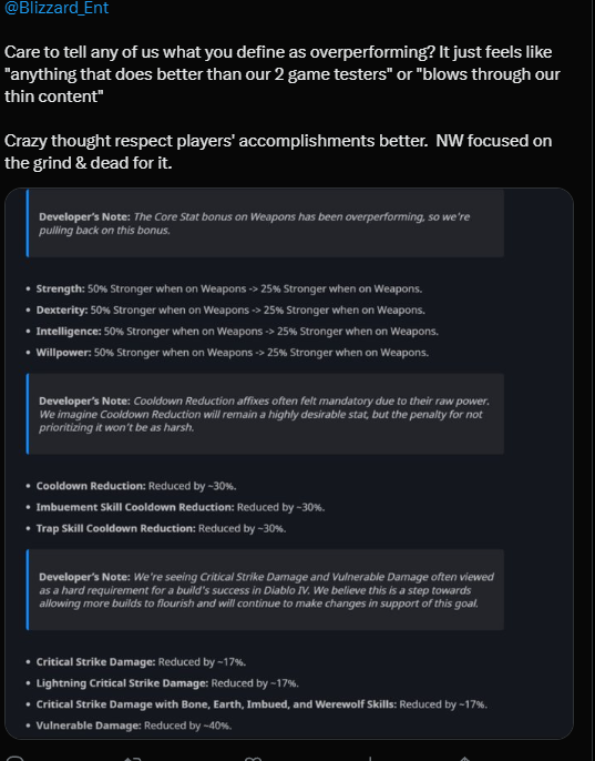 SiddiousRitz's tweet photo. @Blizzard_Ent Care to tell any of us what you define as overperforming? It just feels like "anything that does better than our 2 game testers" or "blows through our thin content"  

Crazy thought respect player accomplishments better.  New World only focused on the grind &amp; died https://t.co/CUxzBQeNXn