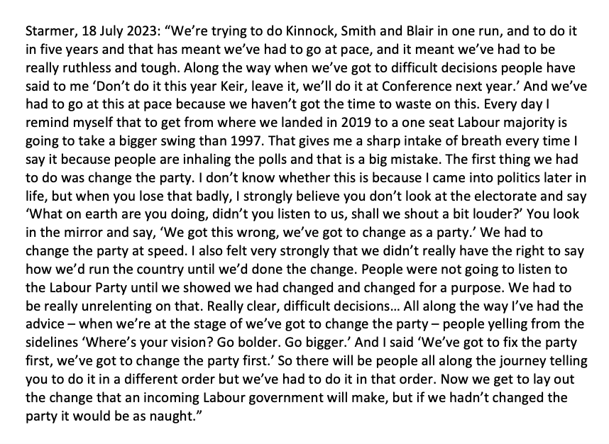 Keir today admitted "changing the party"—purging the left &amp; its policies—was premeditated. He "strongly believed" it was the "first thing we had to do" "at speed."

So by his own account, his mantra when running for leader—“Don’t trash the last 4 years"—was consciously dishonest.