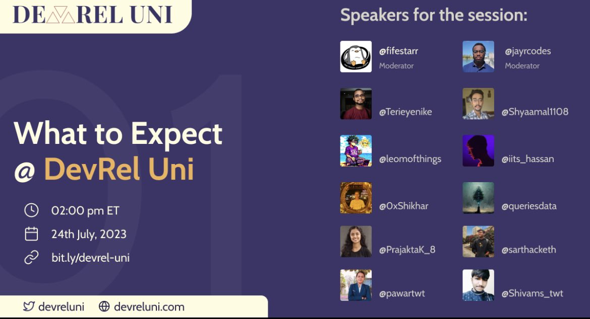 DevrelUni's tweet photo. Want to learn more about DevRel Uni as well as other devrel tips? Then this event is for you!
Shoutout to the amazing Events Team from DevRel Uni for initiating out very first Twitter space. 🎉
🗓️ 24th July, 2pm ET/ 8pm CEST
➡️ sign up here: https://t.co/1b8YtvmDcz https://t.co/9TFRRRae6I