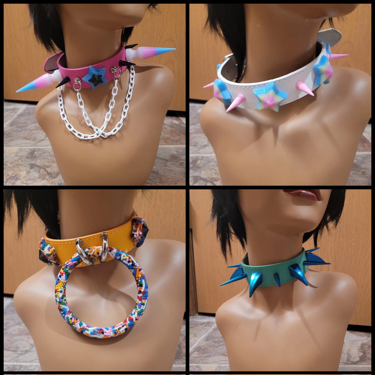 NebNov3's tweet photo. LAST BATCH OF COLLARS 4 NEBULOUS NOVELTIES
Dark Pink w White Chain- 12.5-17in (120 doll hairs)
White w PASTEL Rainbow Stars- 16.5-22in (100 doll hairs)
Orange w Sprinkles and Large Oring- 13.5-17.5in(80 doll hairs)
Green w Curved Blue Metallic- 
12.5-16in(70 doll hairs) https://t.co/nLeTkZLOsC