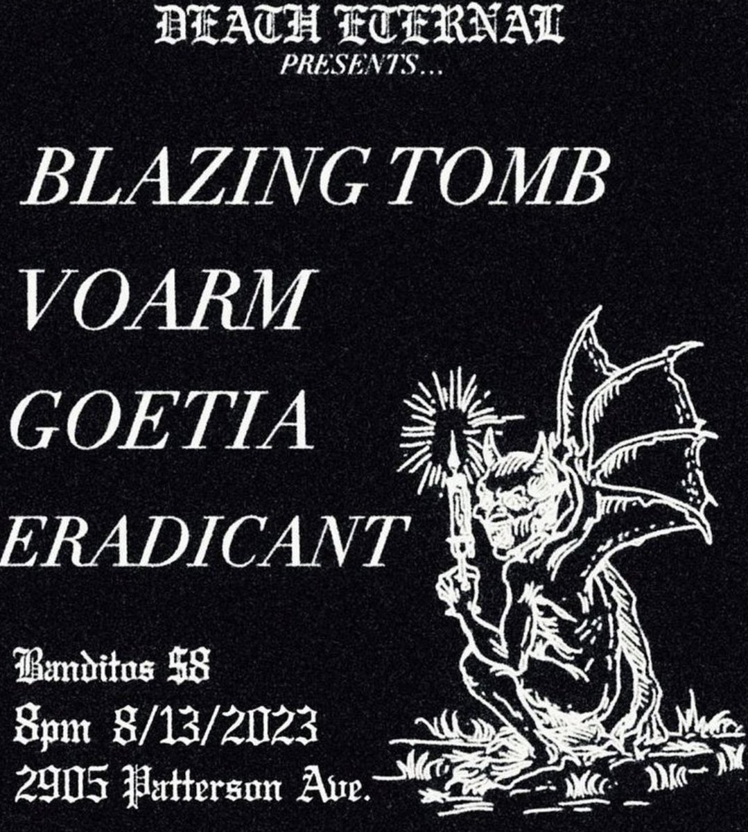 Armagideon Time (@armagideonrva) on Twitter photo 8/13 at Banditos - Voarm, Goetia Eradicant & <a href="/BlazingTomb/">Blazing Tomb</a>
Expect to be mentally scarred and emotionally wounded. 8/13 at Banditos - Voarm, Goetia Eradicant & <a href="/BlazingTomb/">Blazing Tomb</a>
Expect to be mentally scarred and emotionally wounded.