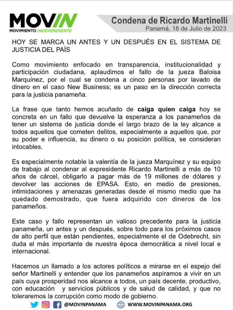 panamaendirecto's tweet image. El movimiento Independiente Movin @movinpanama se pronuncia ante el fallo del caso 'New Business'.
panamaendirecto.com
#PanamaEnDirecto