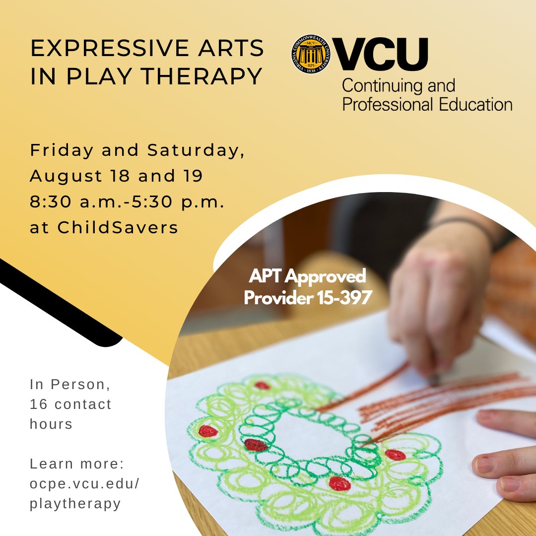 Join us next month for Expressive Arts in Play Therapy at <a href="/ChildSaversRVA/">ChildSavers</a>. Register at ocpe.vcu.edu/playtherapy for this 16 contact-hour workshop. <a href="/VCU/">VCU</a> is an approved continuing education provider (APT Approved Provider 15-397) by the <a href="/a4pt/">Assn 4 Play Therapy</a>.