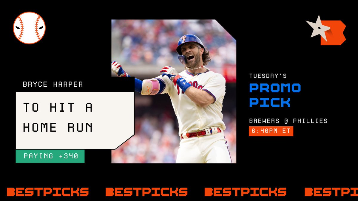bestpicksdotcom's tweet image. We are going again with the very profitable Promo Picks 💸

Place a $25 bet on any player to hit a HR and get $5 bonus bets for each HR hit by either team in that game with @FanDuel  🤑

💰We have taken Bryce Harper to hit a HR at +340 odds 💰
#GamblingTwitter @MLB #BryceHarper
