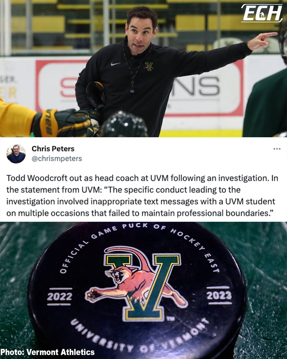 TeamECH's tweet photo. BREAKING: Todd Woodcroft is out as the Vermont Head Coach, per @chrismpeters
Assistant Coach Steve Wiedler has been named the Interim Head Coach, effective immediately. https://t.co/wqKZYUcDUW