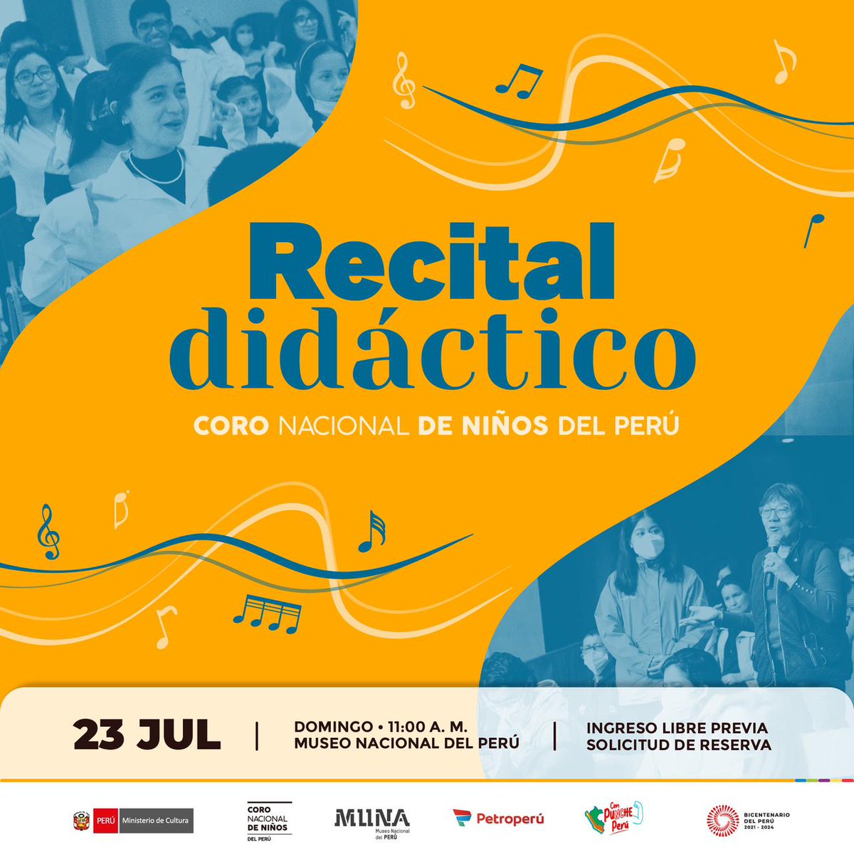 23/07 MUNA. Recital didáctico junto al Coro Nacional de Niños del Perú. Experimenta y conocer de cerca el trabajo de los miembros del elenco. Disfruta una presentación de música peruana bajo la dirección de Mónica Canales. Ingreso libre. Inscripciones: bit.ly/44vjX76