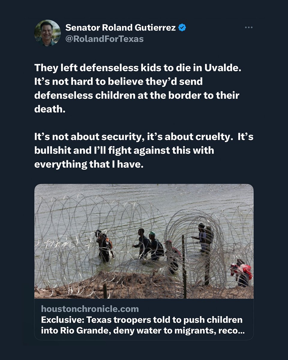 ProgressTX's tweet photo. We've been trying to process the absolutely cruel and insane claim that DPS troopers were told to push children into the Rio Grande. @RolandForTexas got it right: "It's bullshit".
#TXDPS #Border #RioGrande #HumansAgainstAbbott https://t.co/VsLaODKkUR