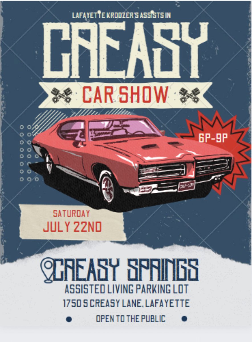 CreasySpringsHC's tweet photo. Come join us for a car show this Saturday from 6-9p in our assisted living lot! https://t.co/zEs4O3vopC