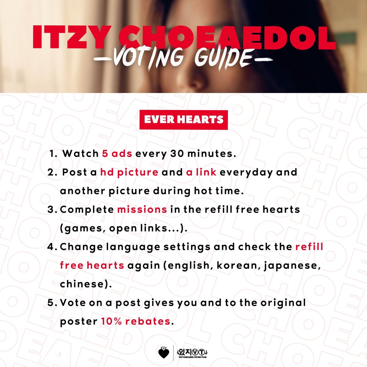 ITZY_Choeaedol's tweet photo. <2023 HDA POPULARITY AWARDS>  

Ever hearts are the most important to collect, as they can make the difference in the final seconds!

Drop them on the banner to vote for ITZY, but remember to save some if the gap to the next place is too big. 🚨

#ITZY @ITZYofficial https://t.co/ZNMNwUOTTH