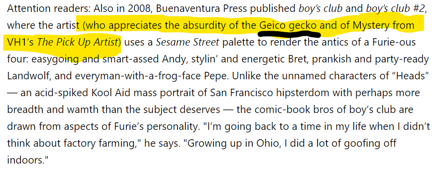 martincoineth's tweet photo. 🧵4/5
News Article from 2008, where Martin "geico gecko" was named the inspiration behind pepe and characters from the original boys club:

https://t.co/jNFdUP21c5 https://t.co/6K6jYR2PaY