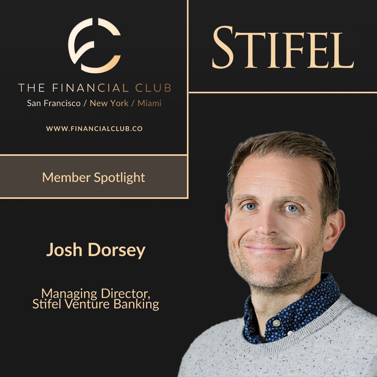 FinancialClubUS's tweet photo. Member Spotlight: @joshdorsey, Managing Director, Stifel Venture Banking
Josh brings over 16 years of experience serving entrepreneurs at venture-backed companies. He has held leadership roles at various FIs.
Catch Josh at the upcoming Club gatherings -> https://t.co/lyXDJFfKSi https://t.co/zpwvBB9SDL