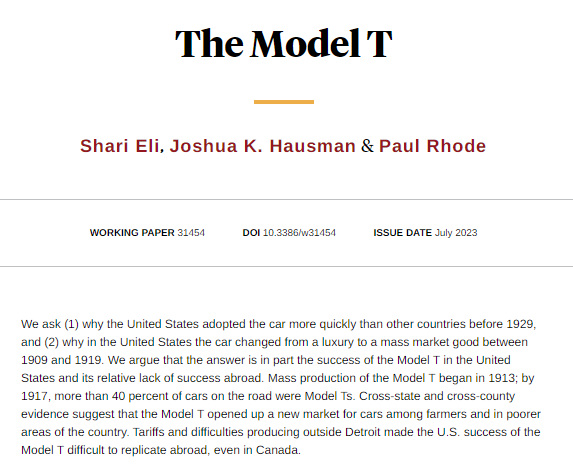 nberpubs's tweet photo. In 1929, the US had twice the cars per capita of Canada and 10 times more than Europe. One big reason is the Model T. Its low price made the car a mass market good, from @ShariJEli, @jhausma1, and Paul Rhode https://t.co/5SuWr2aFAg https://t.co/D2b2uyudwI