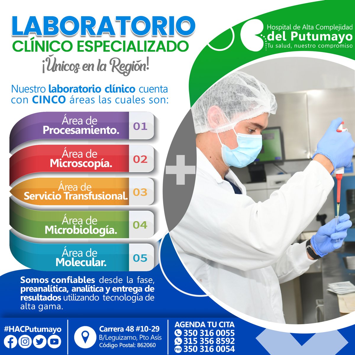 Nuestro 𝗛𝗼𝘀𝗽𝗶𝘁𝗮𝗹 𝗗𝗲 𝗔𝗹𝘁𝗮 𝗖𝗼𝗺𝗽𝗹𝗲𝗷𝗶𝗱𝗮𝗱 𝗗𝗲𝗹 𝗣𝘂𝘁𝘂𝗺𝗮𝘆𝗼,brinda el 𝘀𝗲𝗿𝘃𝗶𝗰𝗶𝗼 𝗱𝗲 𝘁𝗼𝗺𝗮 𝗱𝗲 𝗺𝘂𝗲𝘀𝘁𝗿𝗮𝘀, 𝗽𝗿𝗼𝗰𝗲𝘀𝗮𝗺𝗶𝗲𝗻𝘁𝗼 𝘆 𝗲𝗻𝘁𝗿𝗲𝗴𝗮 𝗱𝗲 𝗿𝗲𝘀𝘂𝗹𝘁𝗮𝗱𝗼𝘀 a todos los usuarios que asisten a nuestras instalaciones.