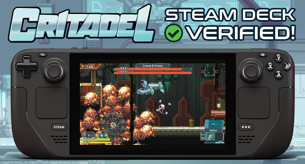 nicalis's tweet photo. The futuristic platform/shooter/roguelike #Critadel is now Steam Deck verified: https://t.co/9l5oCy67ou https://t.co/6j22cajODq