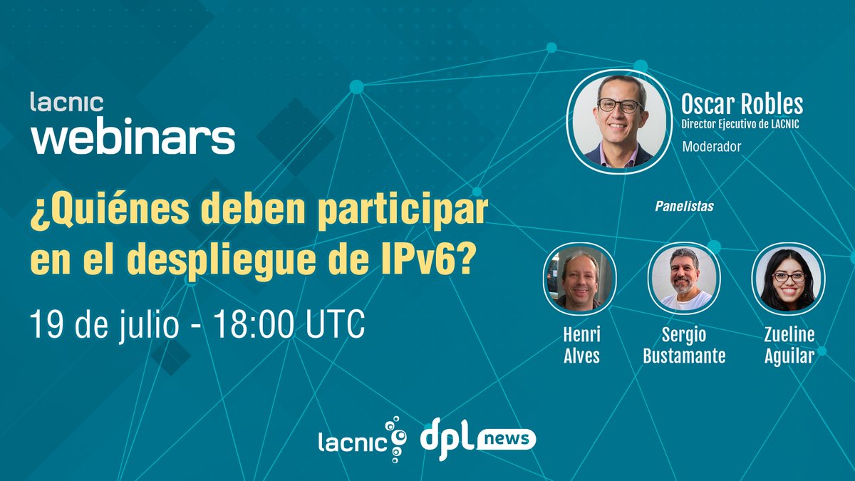 Estás a tiempo de registrarte a participar de nuestro webinar de mañana para conocer el papel de gobiernos, universidades y operadores de redes en el despliegue de #IPv6 bit.ly/3CZKixI ¡No te lo pierdas!