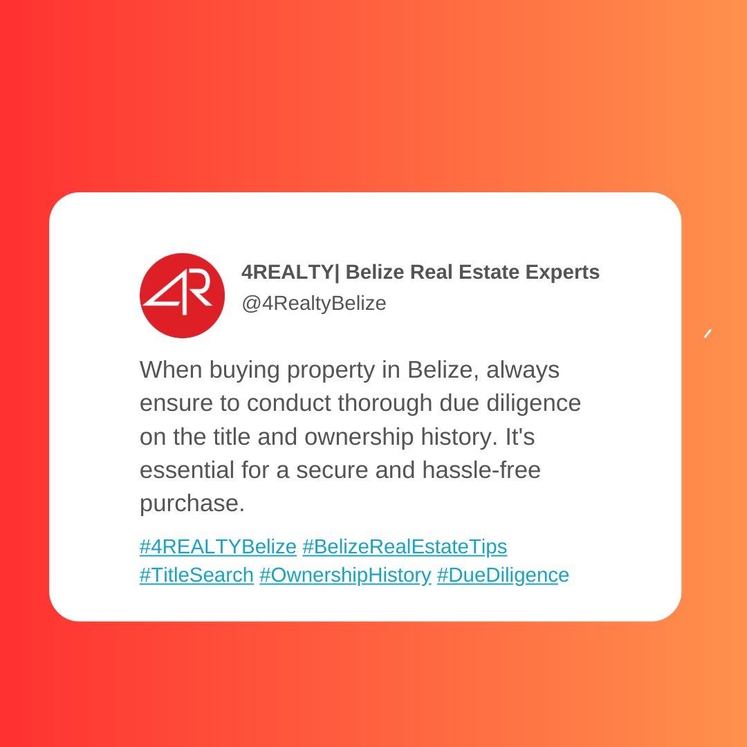 4RealtyBelize's tweet photo. Today's Belize Real Estate Tip is brought to you by 4REALTY 🏡🤓

#4REALTYBelize #BelizeRealEstateTips #TitleSearch #OwnershipHistory #DueDiligence #SecurePurchase https://t.co/zGRg9k7eB1