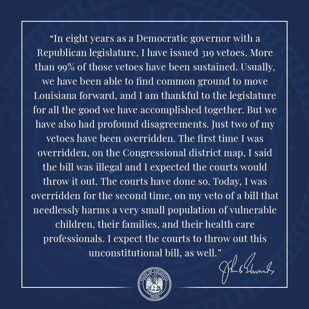 LouisianaGov's tweet photo. See below for a statement from Governor John Bel Edwards on the conclusion of the 2023 veto session. To read the governor’s full six-page veto letter on HB648, click here (https://t.co/qOXtq01dnD). https://t.co/GIzvkX9H8K