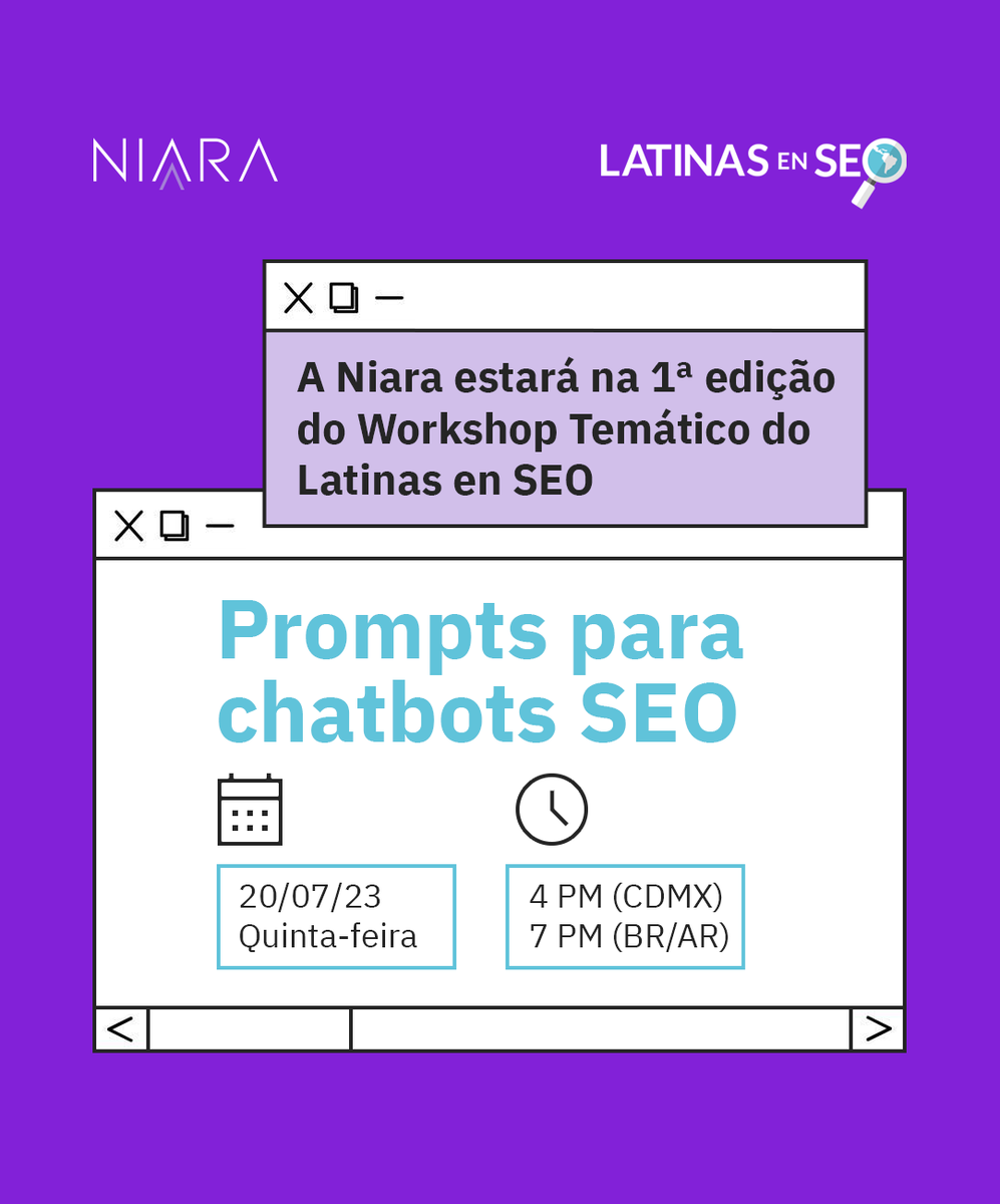 💜 A <a href="/lisaneandrade/">Lisane Andrade</a> , cofundadora da Niara, vai falar sobre IA para SEO, prompts, tudo para você ganhar produtividade em suas demandas.

🔎 Este será um momento de discussão enriquecedora para as mulheres da comunidade do <a href="/LatinasenSEO/">Latinas en SEO</a> interessadas no tema.