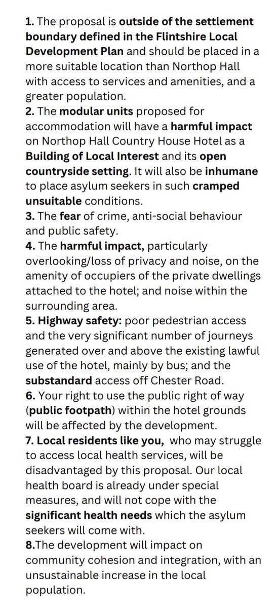 Deadline is Saturday 22nd July to object, don’t leave it too late! Material planning considerations to help frame your objection to house 408 asylum seekers on rotation in Northop Hall Village 👇