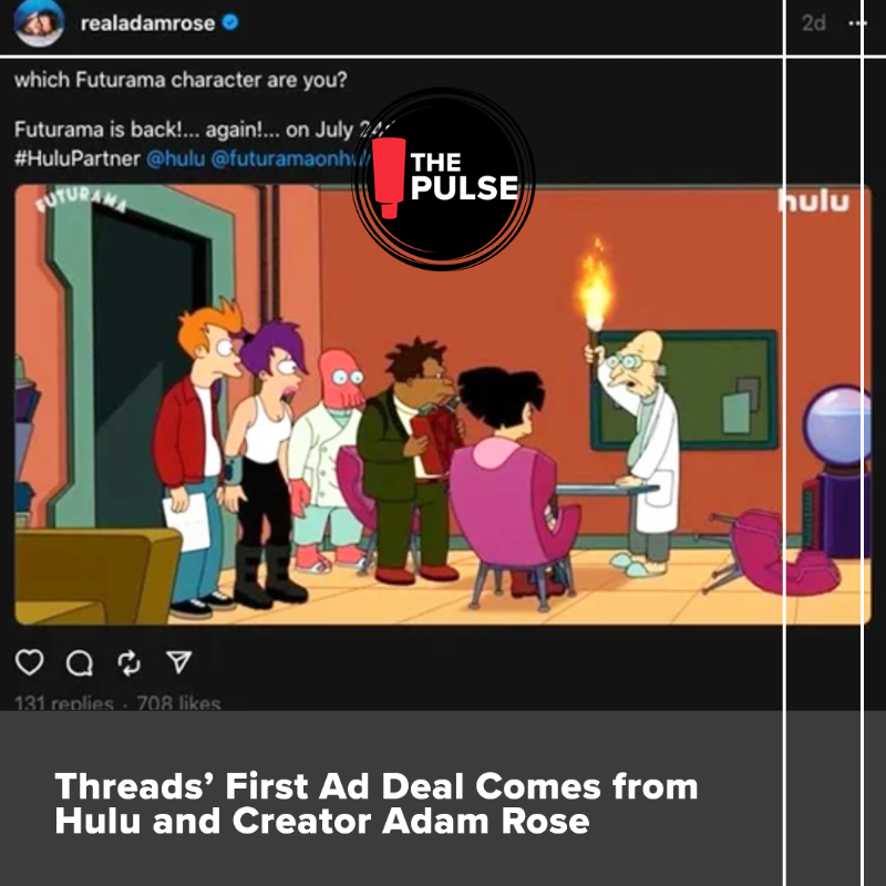 RedPegMarketing's tweet photo. It’s Pulse Tuesday! 🗞️
 
@trulyseltzer creates the first-ever bar in zero gravity, @hulu and @RealAdamRose launch the first ad deal on Meta’s Threads, and small businesses invest big in AI to build their brands.