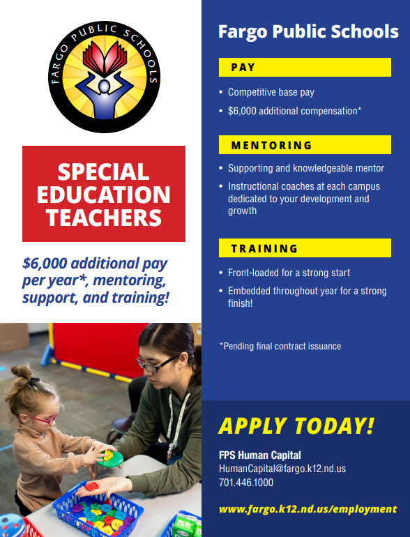 FNHPrincipal's tweet photo. FNH is currently looking to hire SPED Teachers.  Fargo Public provides competitive pay as well as in depth mentoring and training to support new hires. https://t.co/lls4TcePSG