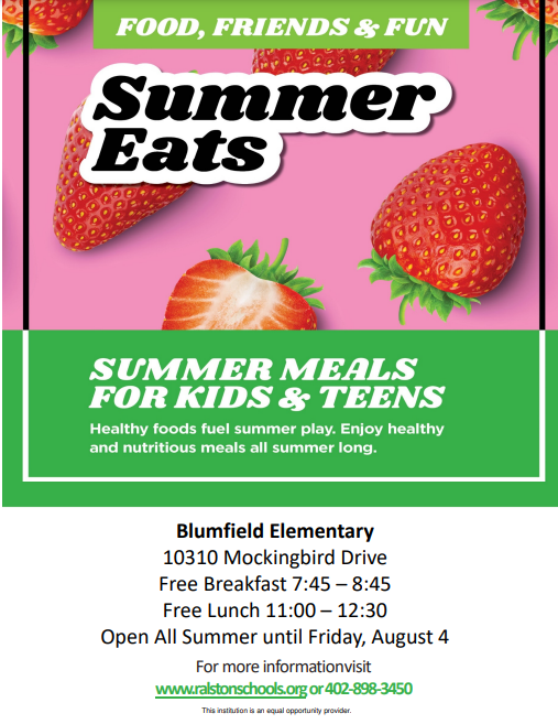 This Friday, 7/21 will be the last day for summer meals at Ralston High.  Summer meals will continue at Blumfield Elementary until August 4th. <a href="/RalstonSchools/">Ralston Schools</a>