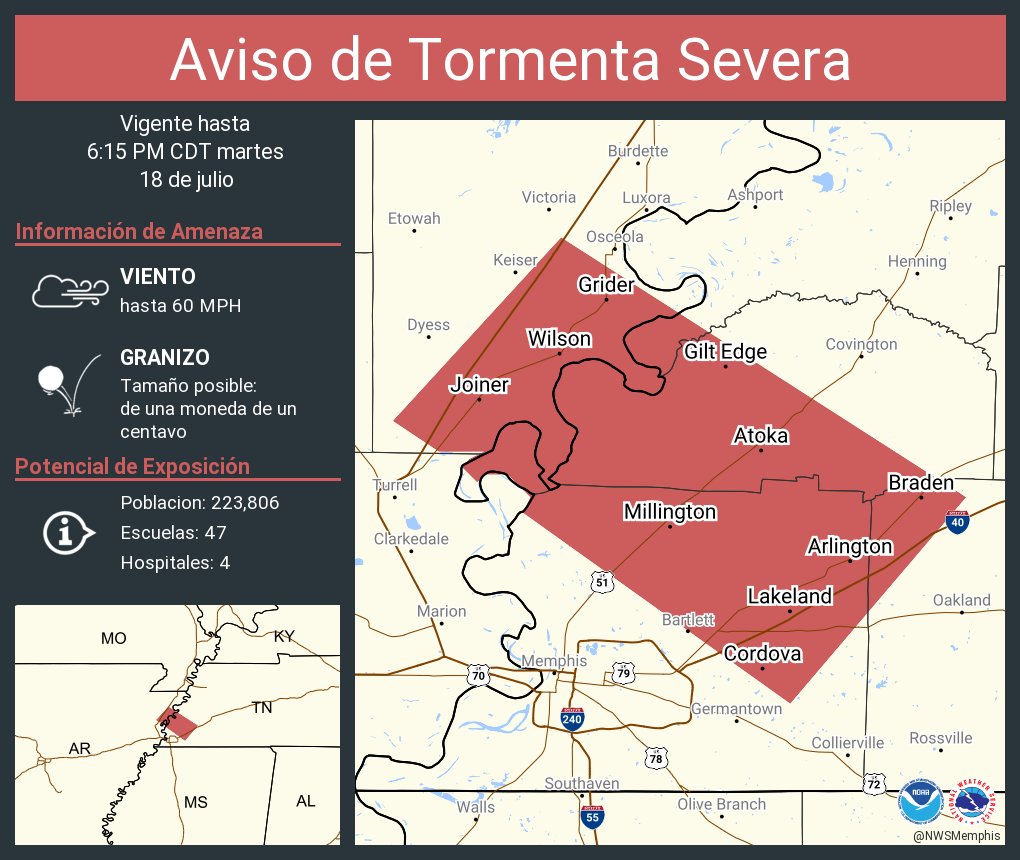 NWSMemphis's tweet photo. Aviso de Tormenta Severa incluye Lakeland TN, Arlington TN, Millington TN hasta las 6:15 PM CDT https://t.co/Qxjzz6F7AO