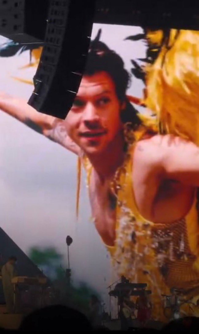 tdefenseless28's tweet photo. had Wet Leg join him on stage & sang Wet Dream AND Daylight with them; after singing Daylight w/Wet Leg, Harry in the Yellow bird costume was put on the screen behind him; “We’ve had such a wonderful weekend here in Lisbon, thank you so much for having us, thank you for being here tonight, obrigado, obrigado, obrigado!”; helped a fan come out by raising a flag;