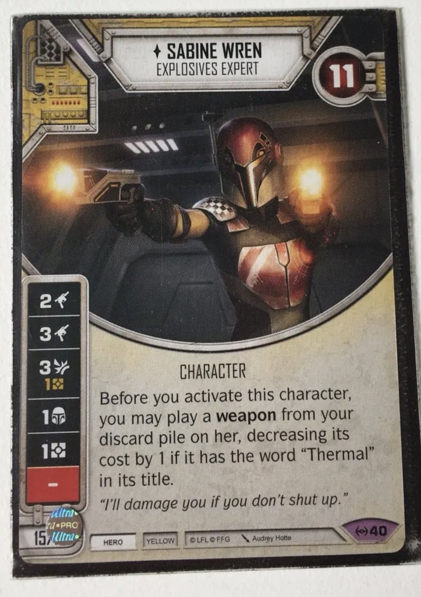 JPotleGaming's tweet photo. @WampaRadio @WatchFlake @thatCHARM3R This card got me into Star Wars Destiny and I never looked back. Right down to the bitter end. Unfortunately my Sabine never #roll3's so she never stuck around for long but she was so fun to play. https://t.co/ODYVtE3WiI