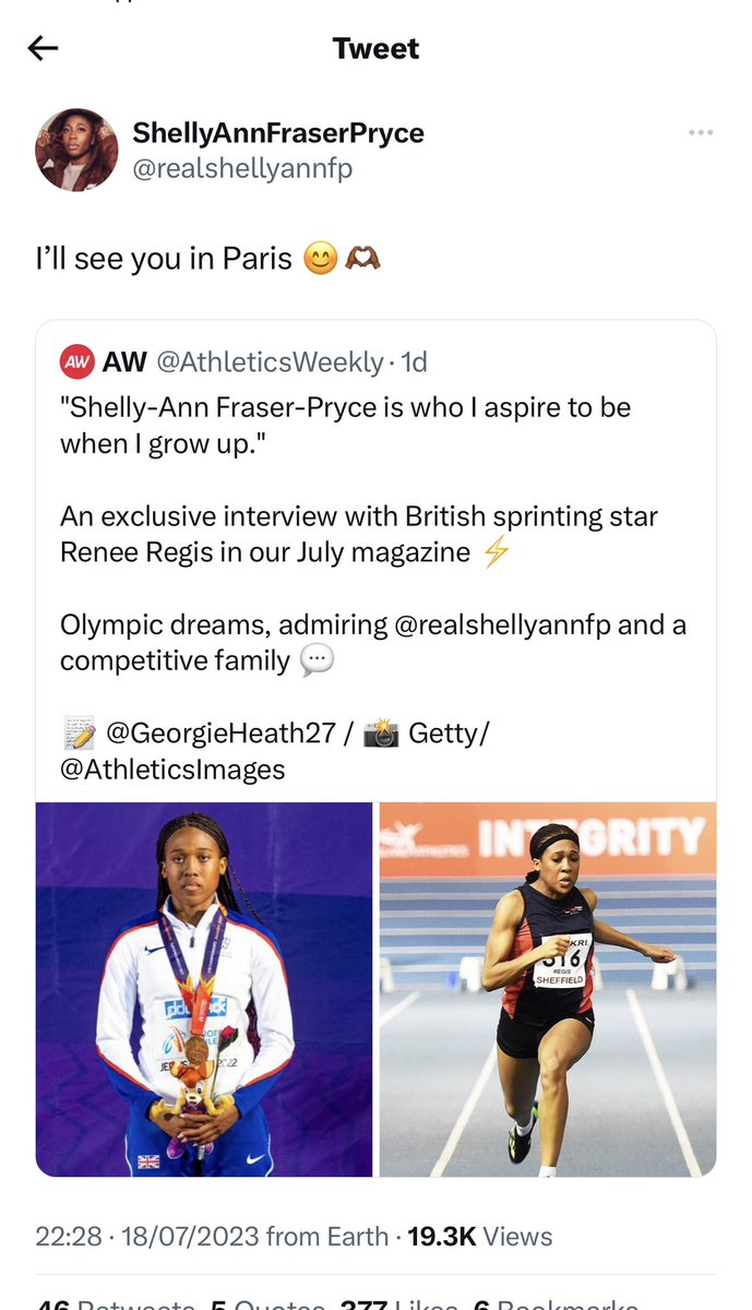 Love this <a href="/realshellyannfp/">ShellyAnnFraserPryce</a> <a href="/AthleticsWeekly/">AW</a> 👏🏾👏🏾👏🏾❤️