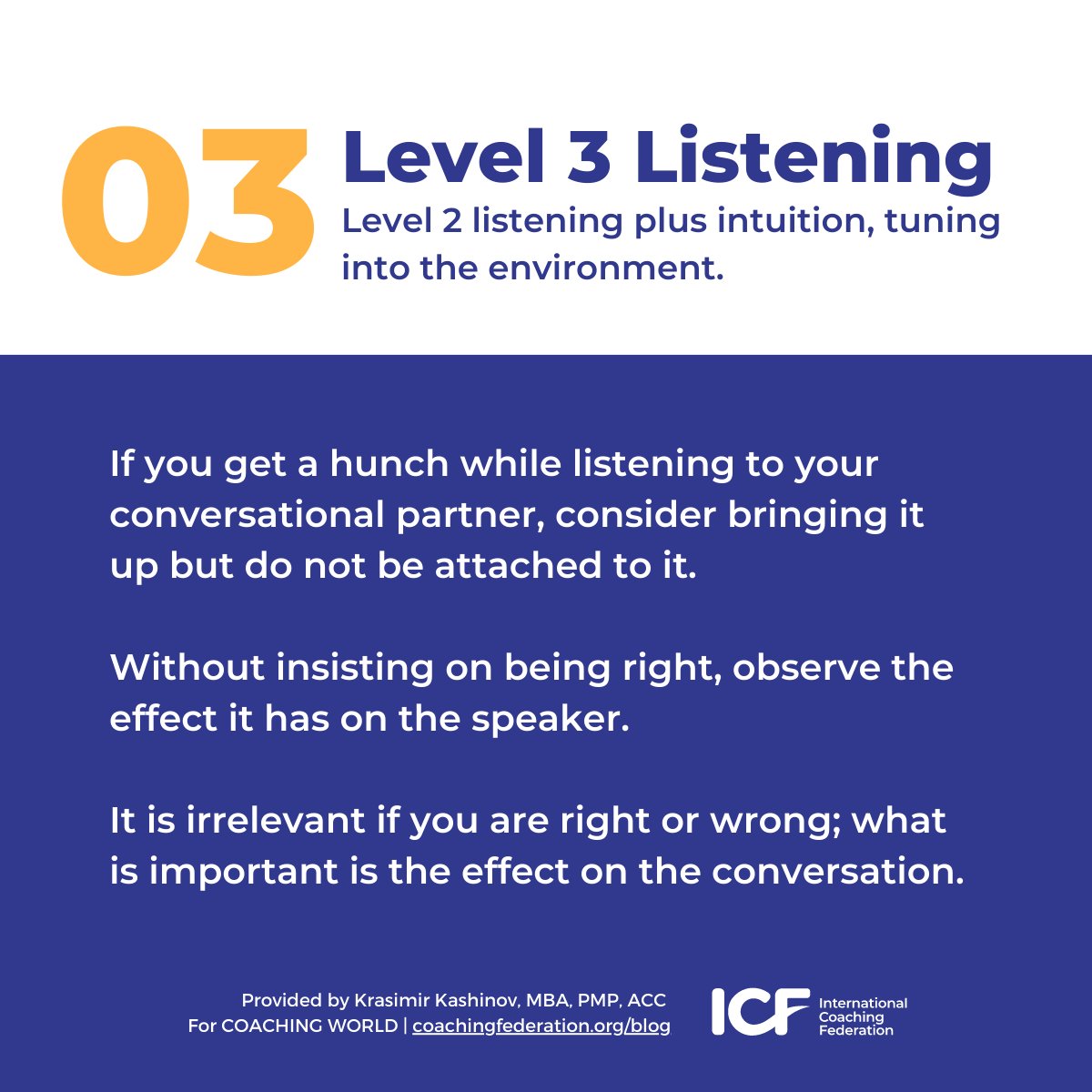 ICFHQ's tweet photo. Are you really listening? 👂

In honor of World Listening Day, let's take a look at the three levels of listening and how the art of listening can be cultivated.

What will you do today to improve your listening skills?

#ActiveListening #CoachingTips #ICFCoach https://t.co/x0cb9e4sRM