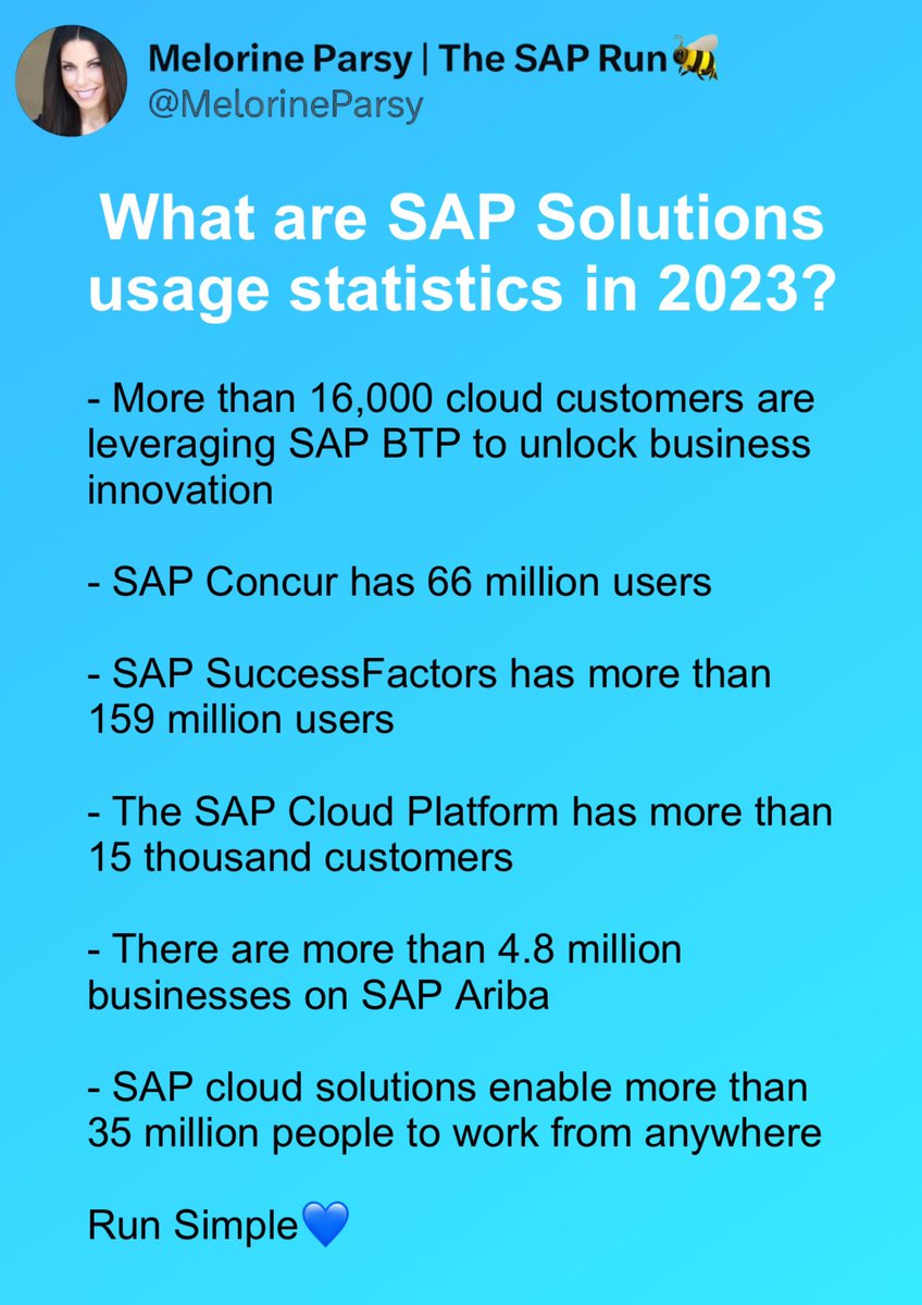 What are #SAP Solutions usage statistics in 2023?
Run Simple💙

#sapcommunity #sapconsultants #RISEwithSAP #s4hanacloud #sapariba