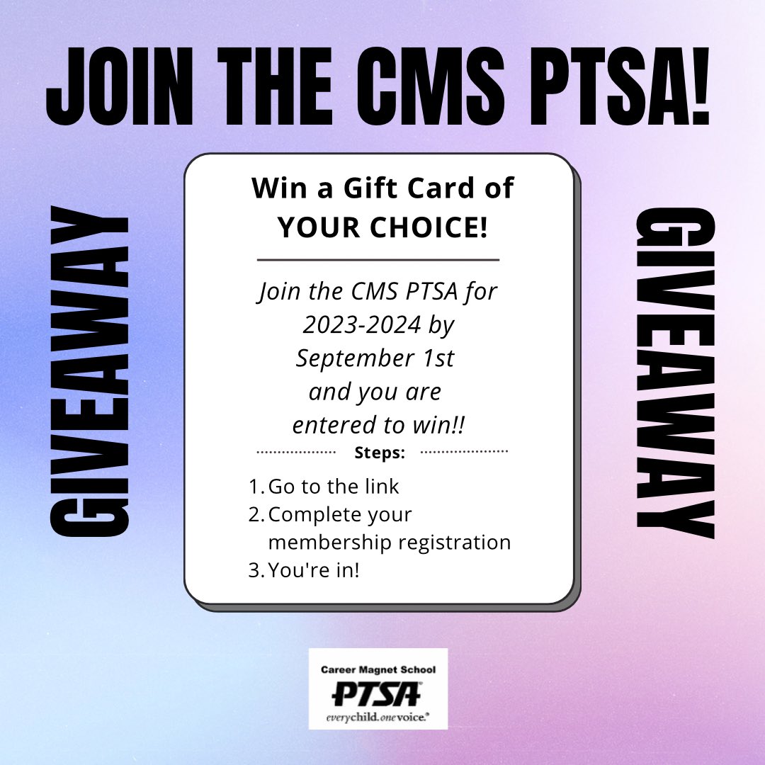 CMS_PTSA's tweet photo. One winner from each category will win a $25 gift card!
🔸Students
🔸Staff
🔸Parents and Community

https://t.co/DGuT17qj6V https://t.co/CT3fKaavLX