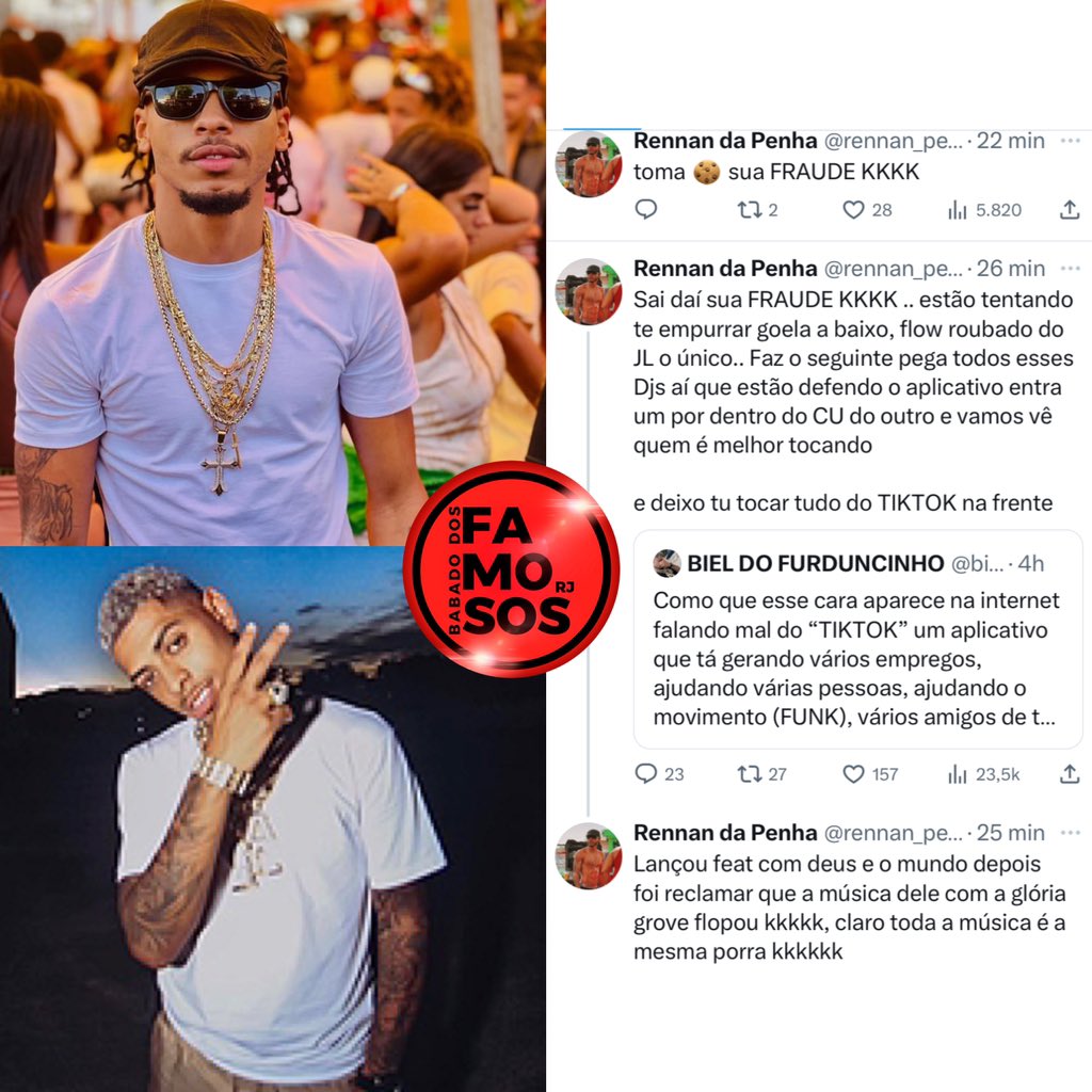 EITA! Dj Rennan da Penha responde o Biel do Furduncinho e dispara: “Faz o seguinte pega todos esses Djs aí que estão defendo o aplicativo entra um por dentro do cu do outro e vamos vê quem é melhor tocando”. Eae o que vocês acham? 🗣