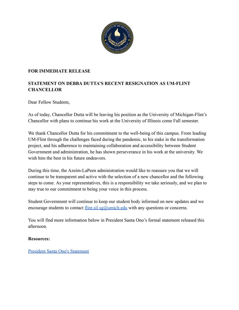 SGumflint's tweet photo. Statement regarding the resignation of Chancellor Debba Dutta.
#umflint #goblue https://t.co/F6nBL5jP7l