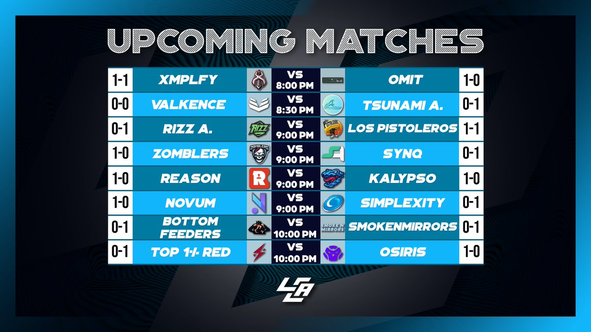 LCABroadcasting's tweet photo. 🚨 Tonight's Final Offensive Matches!🚨

⚔️ @ReasonGaming VS @KalypsoeSports 
🎙️ @akay__longshotz 

⚔️ @novumoficial VS #Simplexity
🎙️ N/A

⚔️ #BottomFeeders VS #SmokeNMirrors
🎙️ N/A

⚔️ @TopOnePercentGG Red VS @PlayOsiris 
🎙️ N/A

Streams in replies below!⬇️ https://t.co/JWjnmh01ZP