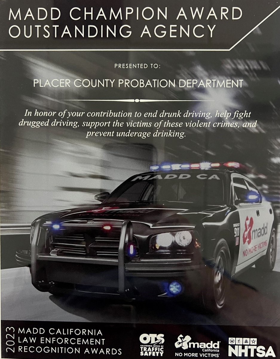 PlacerProbation's tweet photo. The Placer County Probation Department is honored to receive the 2023 MADD Outstanding Probation Agency of the Year award.  Through enforcement, education, and prevention we strive to reduce DUI’s in our community and are proud of our DUI team and partnership with MADD and OTS. https://t.co/8JqRDmEjN7