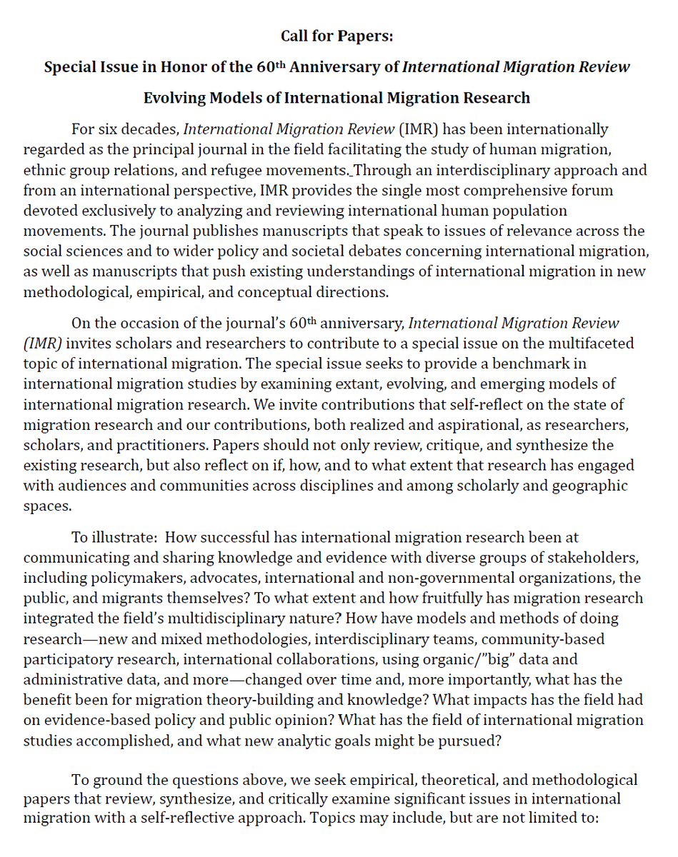 menjivar_ceci's tweet photo. 📢@IMRjournal 60th Anniversary Special Issue, "Evolving Models of International Migration Research," editors are Ellen Percy Kraly &amp; me. 

Consider submitting your work! More info here👇🏽 https://t.co/cD02PGzT3J