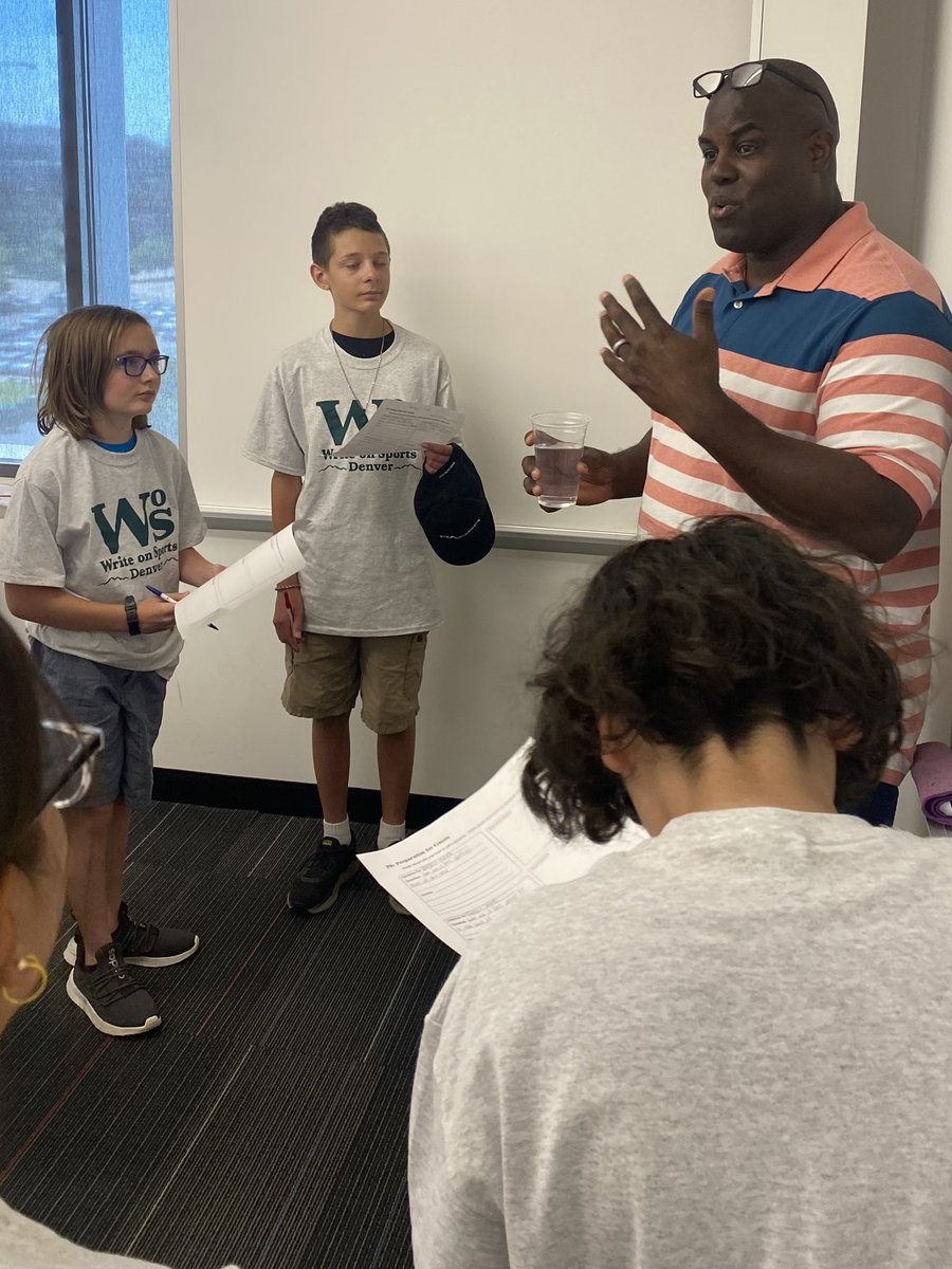WriteDenver's tweet photo. Day 2 -  @chrisadempsey &amp; @reggierivers shared sports, writing and journalism stories. Reggie has great NFL stories &amp; founding @the_gala_team. Chris shared stories about the @nuggets journey to winning the 2023 NBA championships.  Our campers ❤️’d the day  #futurejournalists https://t.co/udJe7gBSVc