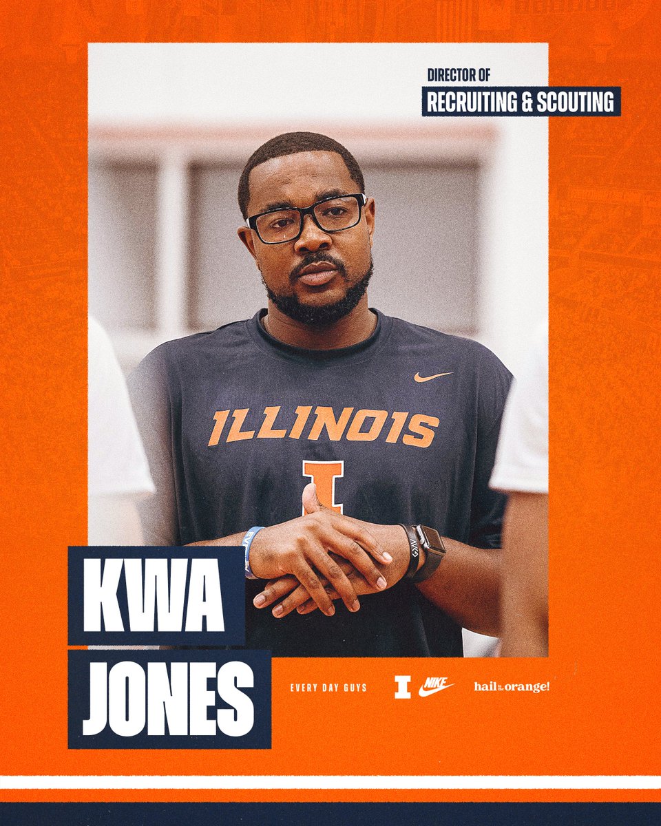 IlliniMBB's tweet photo. Welcome back, Kwa!

Jones rejoins the Illini staff as the Director of Recruiting and Scouting. He spent two years on Underwood's staff as a graduate manager during the 2020 and 2021 seasons before stints with the Sacramento Kings and Stephen F. Austin.

Read more: https://t.co/aOrq4k9zgs 

#Illini | #HTTO | #EveryDayGuys