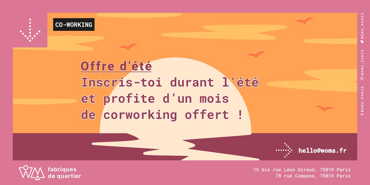 🌞En pleine préparation de la coupure estivale, mais tu cherches un espace de coworking avec une super communauté pour prévoir la rentrée ? 
Inscris toi à notre offre mensuelle de coworking, avant la fin septembre, pour profiter d’un mois offert.
✉️hello@woma.fr