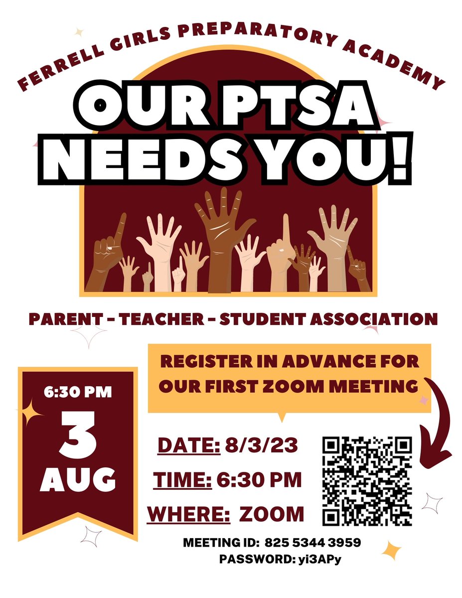 FERRELL GPA FAMILIES:

OUR PTSA NEEDS YOU!

The first general PTSA meeting will be via Zoom on August 3rd at 6:30 PM.

Register in advance for this meeting:
us06web.zoom.us/meeting/regist…