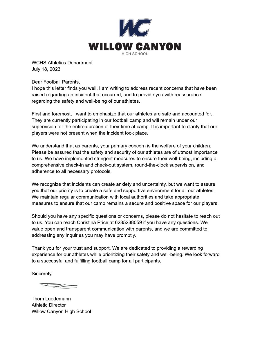 Please see the attached letter from our Athletic Director...