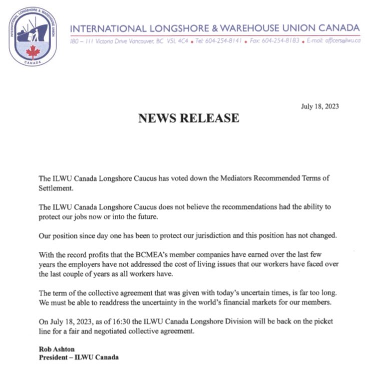 NEW: ILWU longshore workers are heading back to the picket lines after its leadership rejected a mediator-recommended settlement. Pickets to go up again at 4:30pm.