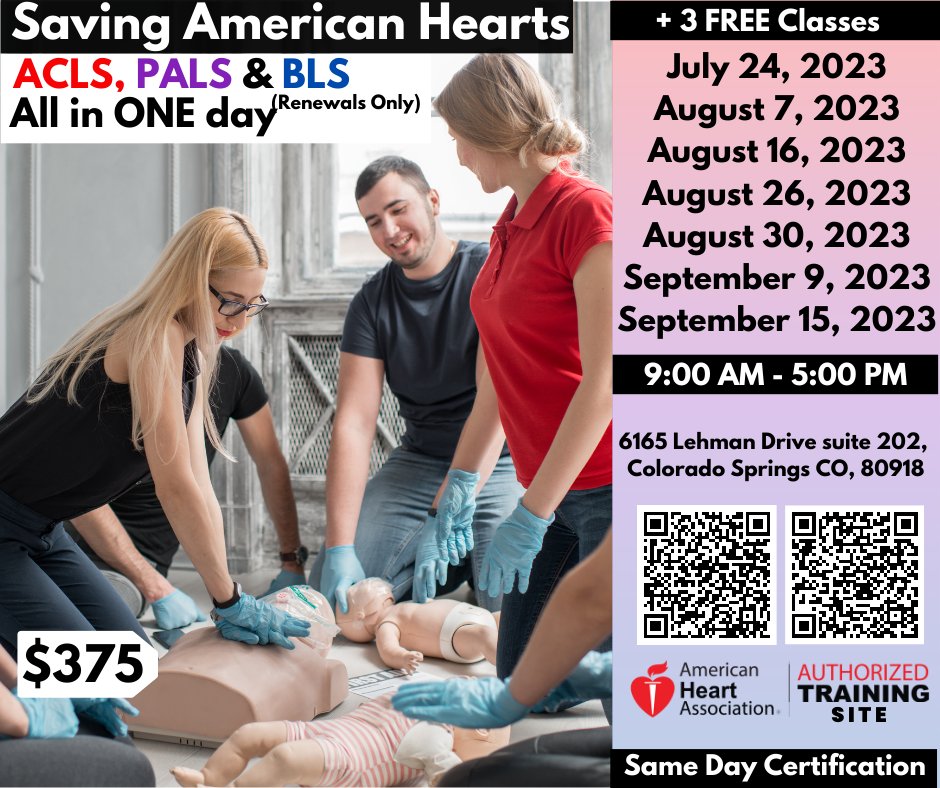 is it time to renew your BLS, ACLS, and PALS certifications?  We've got you covered! In just ONE day, you can complete all three classes. 

 💙💖💜 👉savingamericanhearts.com/bls-renewal-/-… 

#BLSRenewal #ACLSRenewal #PALS #HealthcareProfessionals #MedicalTraining #CertificationRenewal #AHA