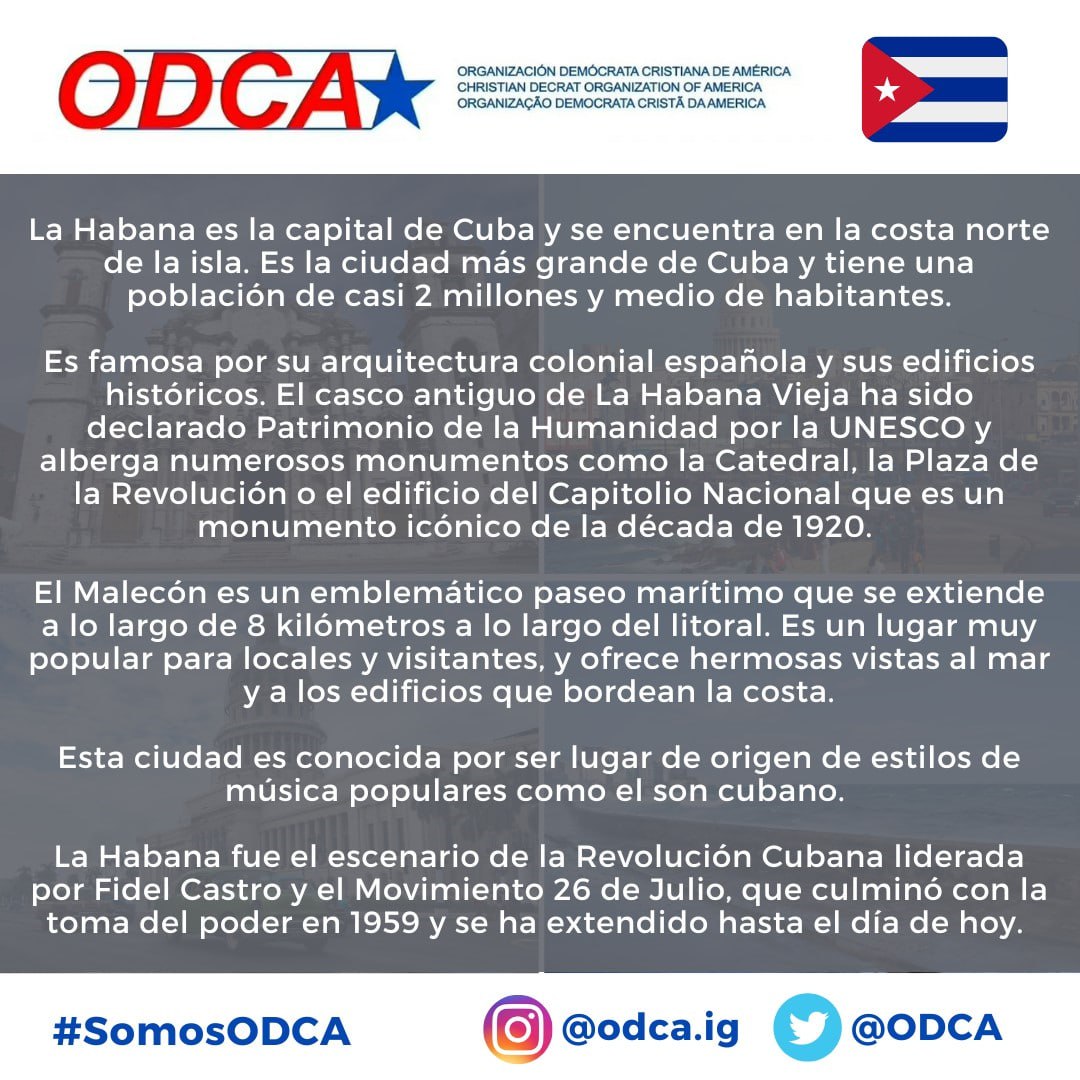 ODCA's tweet photo. En el #MesDeCuba les compartimos algunos datos sobre La Habana, capital de la isla, declarada Patrimonio de la Humanidad por la @UNESCO_es.
#SomosODCA
#ODCAEnElMundo
#ODCAConCuba https://t.co/ePbrjJg1Y1