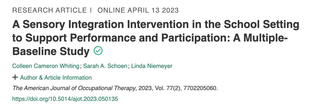 SINetwork's tweet photo. This recent study investigated the effectiveness of a sensory integration intervention paired with teacher consultation in school for children with #SensoryIntegration and processing differences. 

https://t.co/grgpLDdiTZ https://t.co/Z0hNqU61co