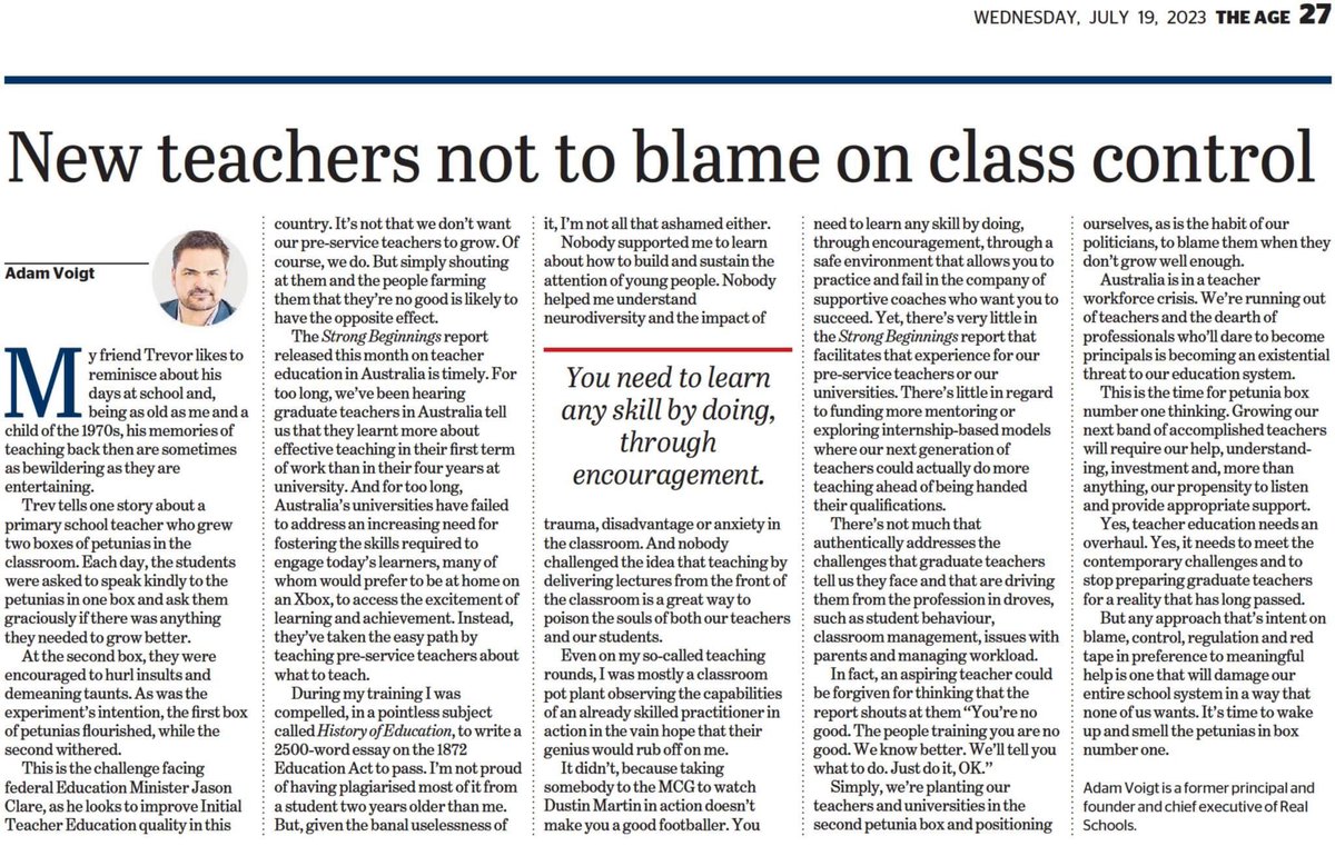 Our CEO, <a href="/adam_voigt/">Adam Voigt</a> reports in <a href="/theage/">The Age</a> why new teachers are not to blame on class control.

Read more at:  ow.ly/hgcF50PfOcj

#realschools #teachersupport #schoolculture #schools #teachers #education